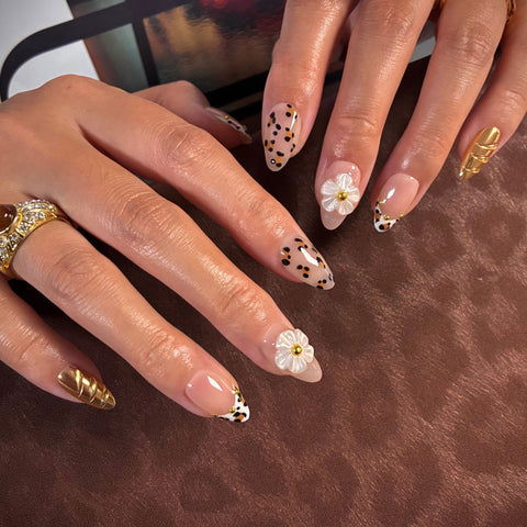 Almond Shape Short Length Nude Pink Press On Nails | Leopard Print & Flower Gold Accent Reusable False Nails