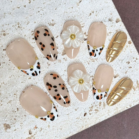 Almond Shape Short Length Nude Pink Press On Nails | Leopard Print & Flower Gold Accent Reusable False Nails