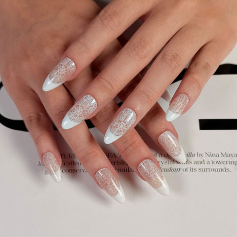 Almond Shape Medium Length White French Tip Press On Nails | Lace Pattern Reusable Vintage Elegant False Nails