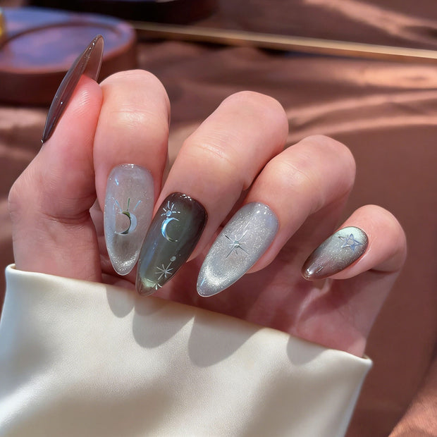 emerald green silver ombre press on nails, aurora cat eye fake nails, moon star design stiletto nails, dreamy celestial nail art, luxury handmade acrylic nails, reusable glue on nails, women's elegant fake nails, 2026 trendy aurora nails