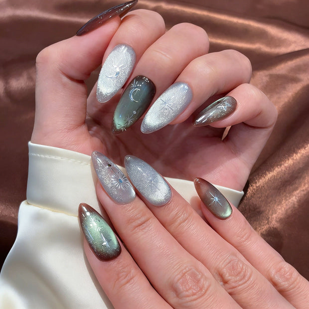 emerald green silver ombre press on nails, aurora cat eye fake nails, moon star design stiletto nails, dreamy celestial nail art, luxury handmade acrylic nails, reusable glue on nails, women's elegant fake nails, 2026 trendy aurora nails