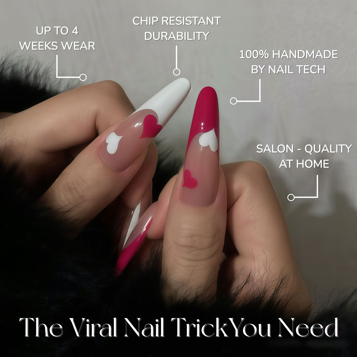 Glossy extra-long stiletto nails with nude gradient base, white French tips, and dual-tone hearts for a sweet, romantic vibe.