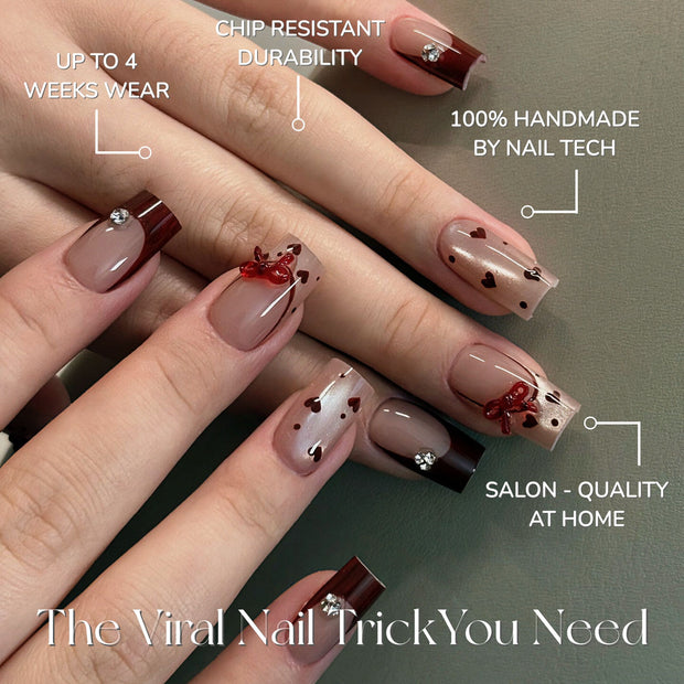 Glossy medium square nails | nude + burgundy tips + 3D red bows | sent with love