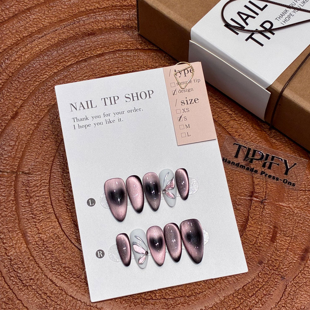 heart cat eye press on nails, butterfly design fake nails, almond shape ombre nails, romantic edgy nail art, luxury handmade acrylic nails, reusable glue on nails, women's glossy artificial nails, 2026 trendy nail designs