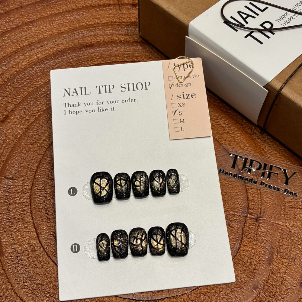 black gold thorn cat eye press on nails, gothic abstract fake nails, short square shape acrylic nails, edgy daily wear nails, reusable gothic press on nails, halloween festival nail art, 2026 trendy dark nails, women's bold fake nails