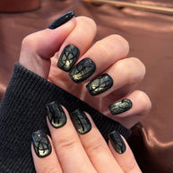 black gold thorn cat eye press on nails, gothic abstract fake nails, short square shape acrylic nails, edgy daily wear nails, reusable gothic press on nails, halloween festival nail art, 2026 trendy dark nails, women's bold fake nails