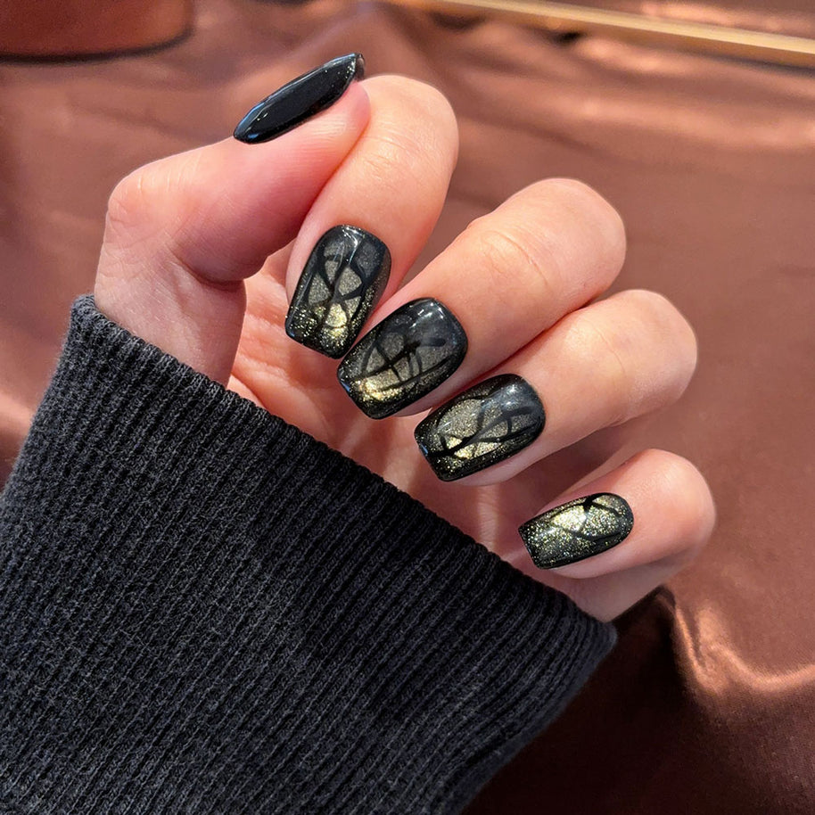 black gold thorn cat eye press on nails, gothic abstract fake nails, short square shape acrylic nails, edgy daily wear nails, reusable gothic press on nails, halloween festival nail art, 2026 trendy dark nails, women's bold fake nails
