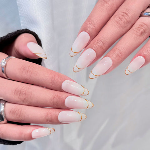 Almond Shape Medium Length Bright White Press On Nails | Double Gold Striped Tip Accents Reusable Minimalist Luxury Elegant False Nails