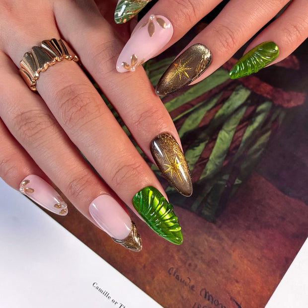 Almond Shape Medium Length Pink-Green Press On Nails | Gold Star/Leaf & 3D Texture Reusable False Nails