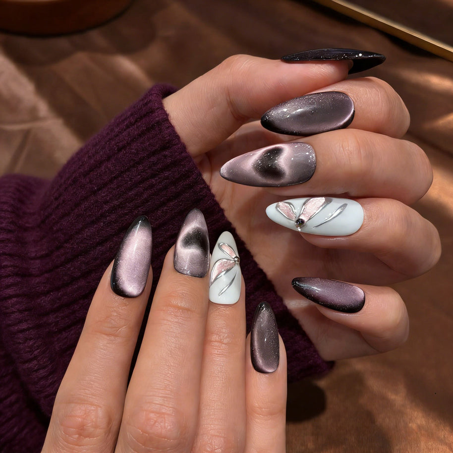 heart cat eye press on nails, butterfly design fake nails, almond shape ombre nails, romantic edgy nail art, luxury handmade acrylic nails, reusable glue on nails, women's glossy artificial nails, 2026 trendy nail designs