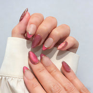 blush gild cat eye press on nails, gilded french accent fake nails, short almond shape acrylic nails, romantic date nail art, luxury handmade reusable nails, office party fake nails, 2026 trendy pink gold nails, women's daily wear cat eye nails